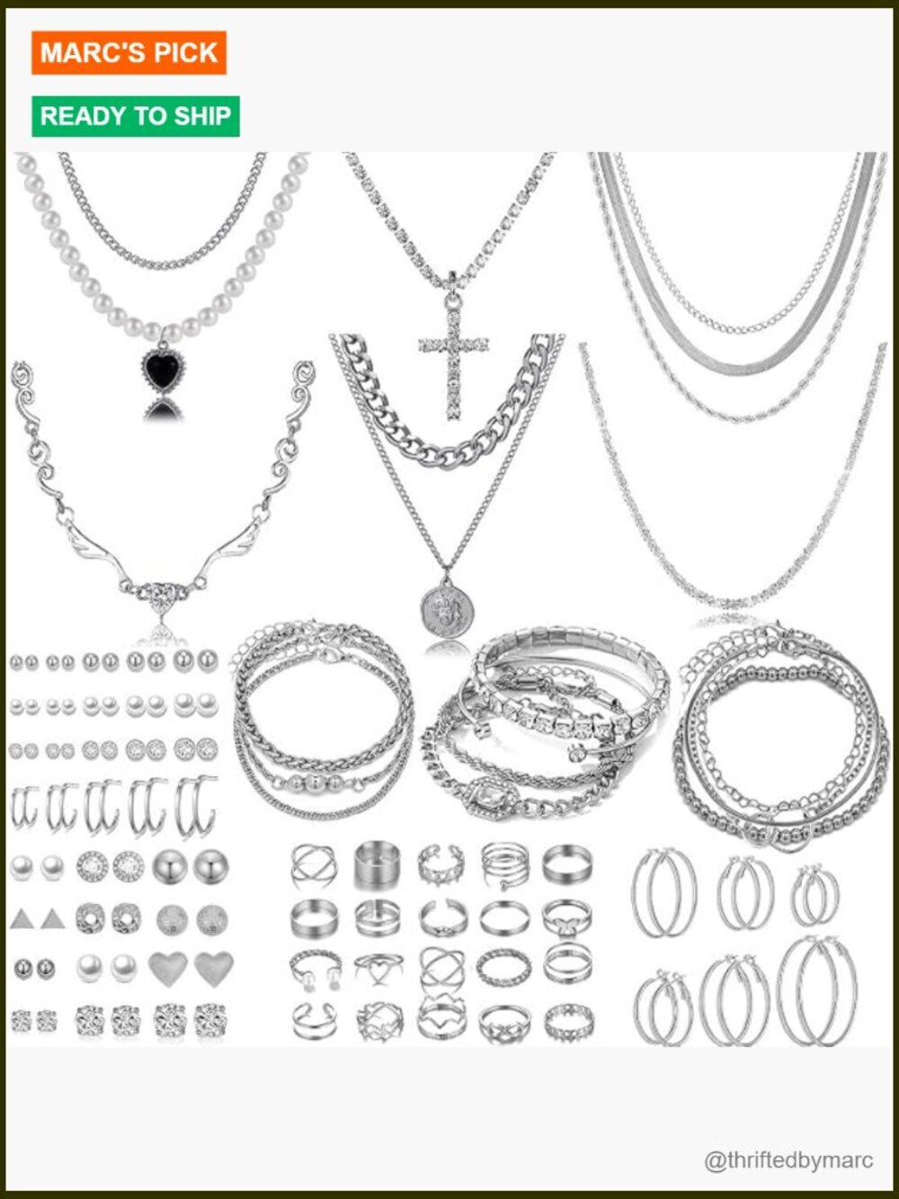 116 Pcs Silver Jewelry Set with Necklace Bracelet Earrings Rings